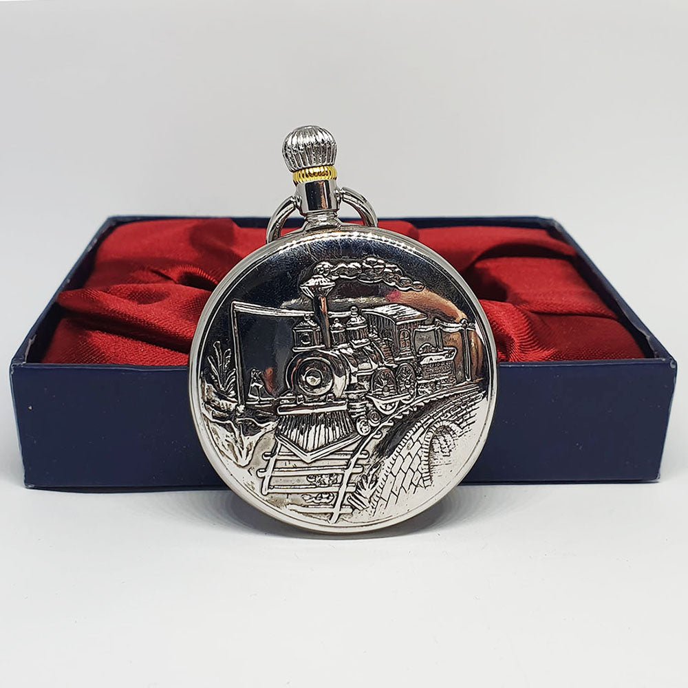 Antique Train Locomotive Silver-tone Pocket Watch | Railroad Watch
