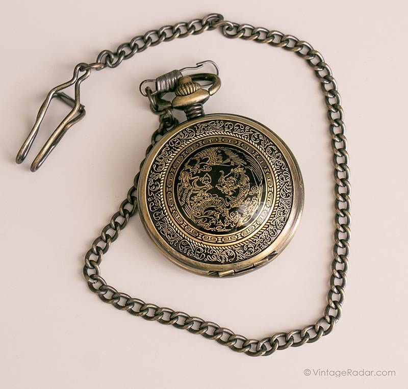 Vintage Gold-tone Dragon Pocket Watch | Intricate Floral Vest Watch - Image 2