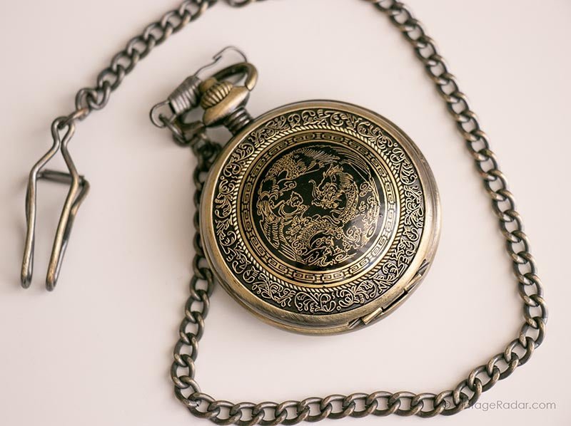 Vintage Gold-tone Dragon Pocket Watch | Intricate Floral Vest Watch - Image 3