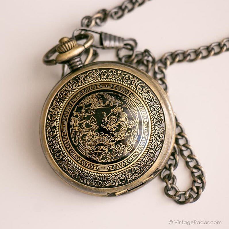 Vintage Gold-tone Dragon Pocket Watch | Intricate Floral Vest Watch
