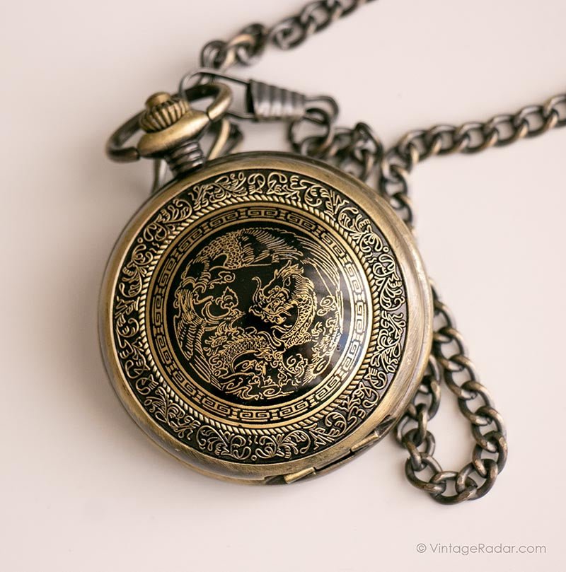 Vintage Gold-tone Dragon Pocket Watch | Intricate Floral Vest Watch - Image 4