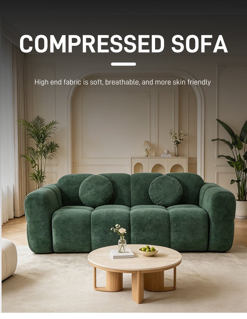 S271 Modern Italian Designer Modular Fabric Sofa Green Sectional Couch with Round Pillows Vacuum Compressed Space Saving Furniture