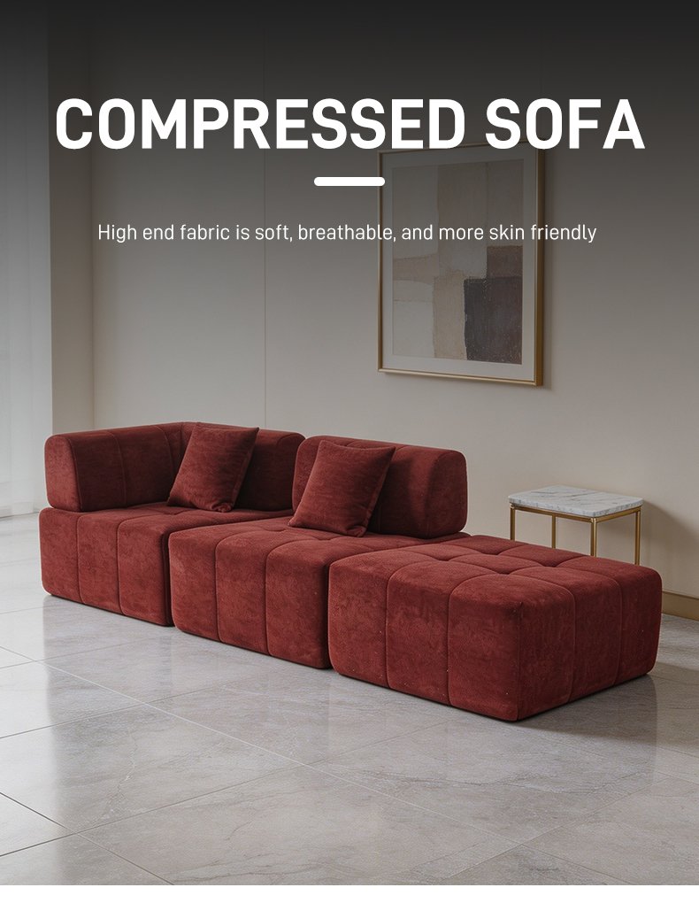 S210 Factory Wholesale Red Velvet L-shaped Sponge Filled Vacuum Packaging Compressed Sofa Segmented Modular Boneless Sofa Set