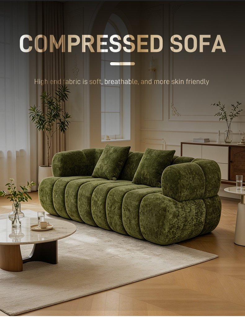 S275-3 Modern Italian Designer Modular Fabric Sofa Green Sectional Couch with Puffer Design Vacuum Compressed Space Saving Furniture