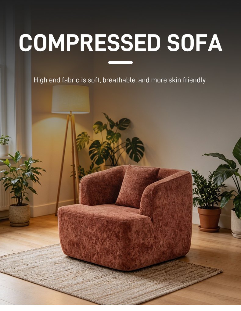 S229 Modern Italian Designer Rust Red Fabric Armchair Single Seater Lounge Chair Vacuum Compressed Space Saving Furniture