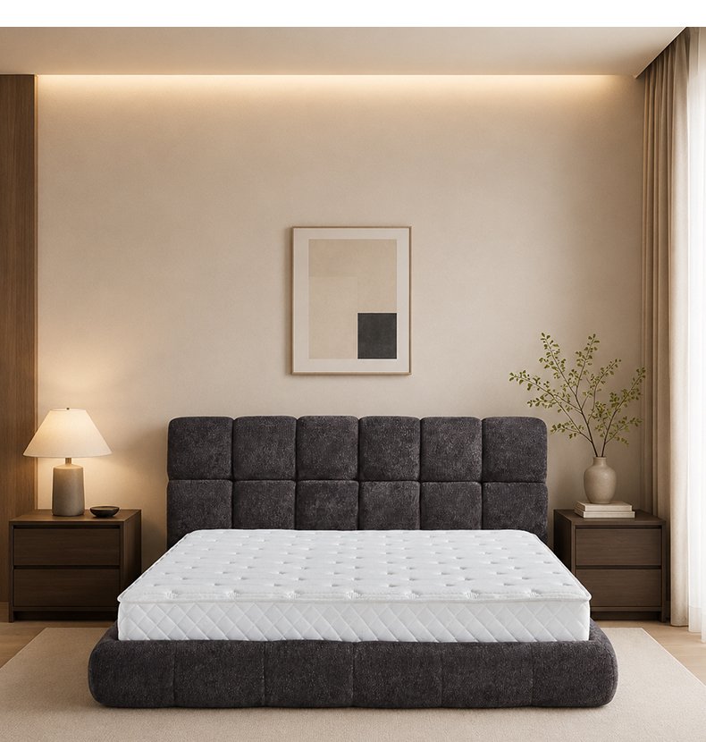 B307 Modern Minimalist Square Block Tufted Soft Bed High-end Fabric Upholstered Bed Frame Comfortable Master Bedroom Furniture