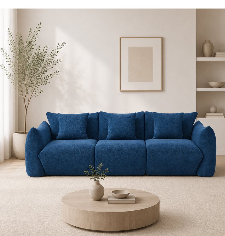 S218-3 OEM Factory Minimalist Blue Fabric 3 Seater Puffy Comfortable Boneless Couch Sponge Filling Compressed Sofa for Living Room