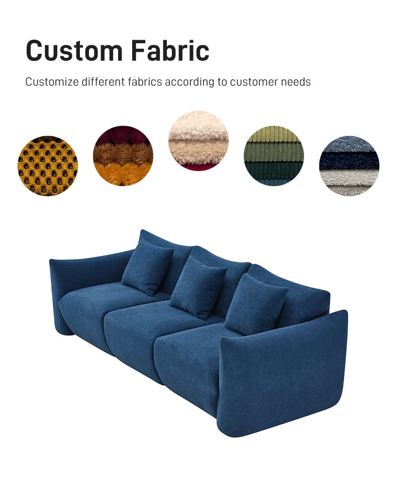 S218-3 OEM Factory Minimalist Blue Fabric 3 Seater Puffy Comfortable Boneless Couch Sponge Filling Compressed Sofa for Living Room