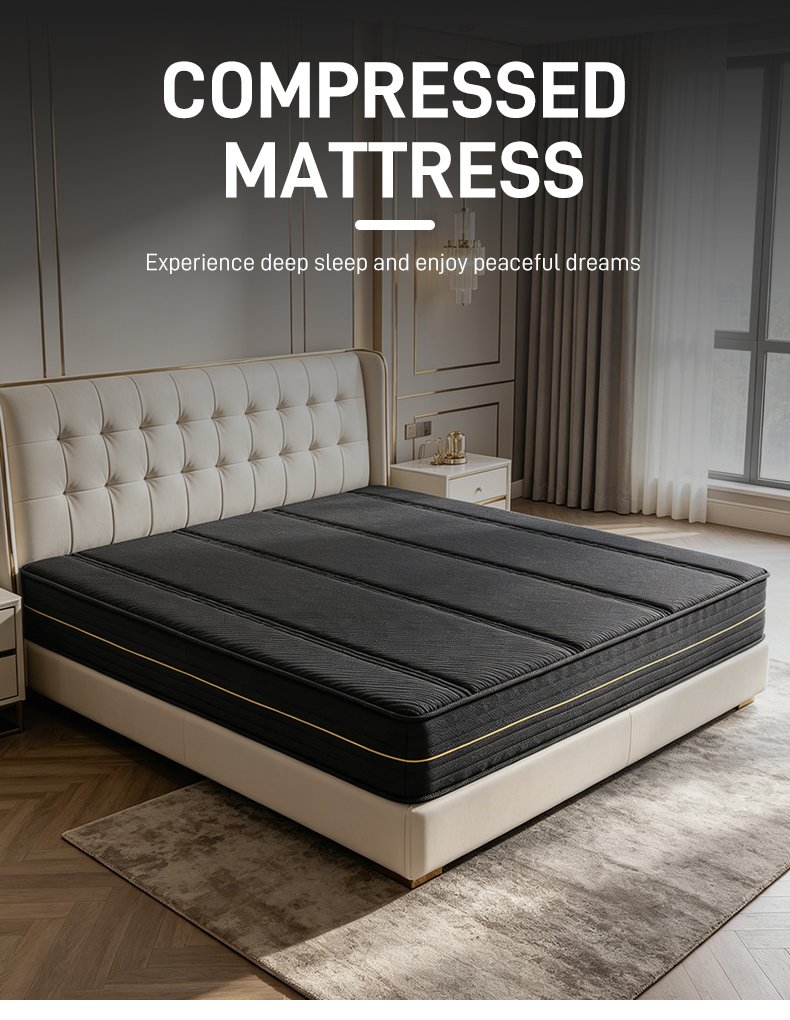 G006 Vacuum Compressed 25cm Pocket Spring Mattress Cotton Cover Dark Ribbed with Gold Trim for Home Hotel Apartment