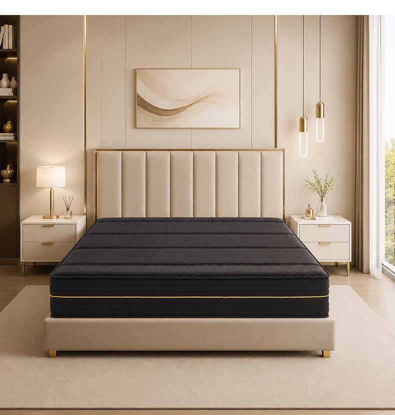 G006 Vacuum Compressed 25cm Pocket Spring Mattress Cotton Cover Dark Ribbed with Gold Trim for Home Hotel Apartment