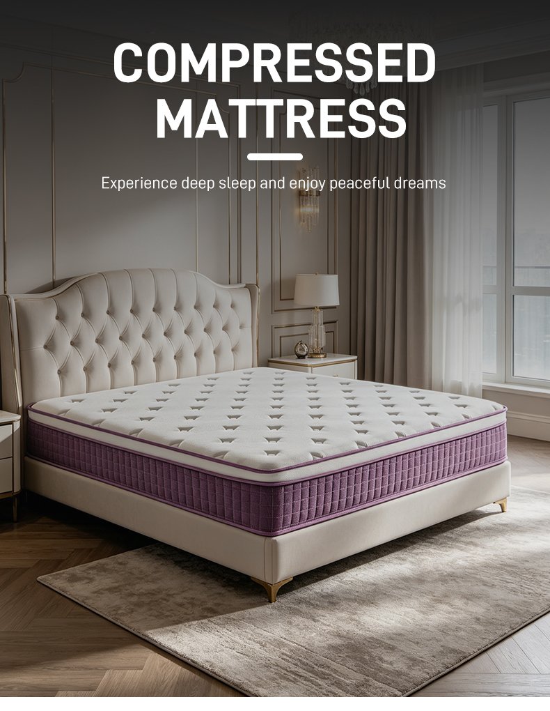 G007 Vacuum Compressed 30cm Pocket Spring Mattress Cotton Cover Diamond Tufted with Purple Trim for Home Hotel Apartment