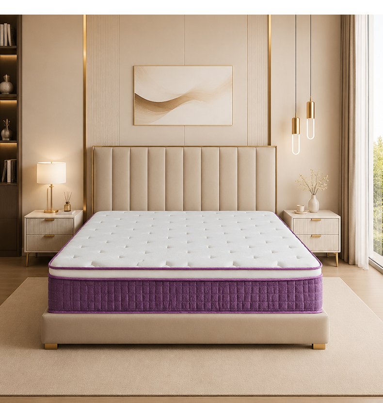 G007 Vacuum Compressed 30cm Pocket Spring Mattress Cotton Cover Diamond Tufted with Purple Trim for Home Hotel Apartment