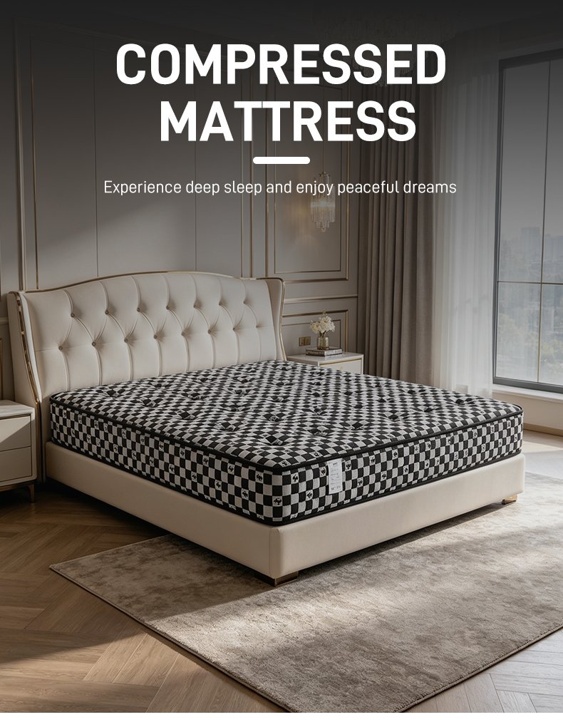 G010 Vacuum Compressed 25cm Pocket Spring Mattress Cotton Cover Checkered Pattern Tufted for Home Hotel Apartment