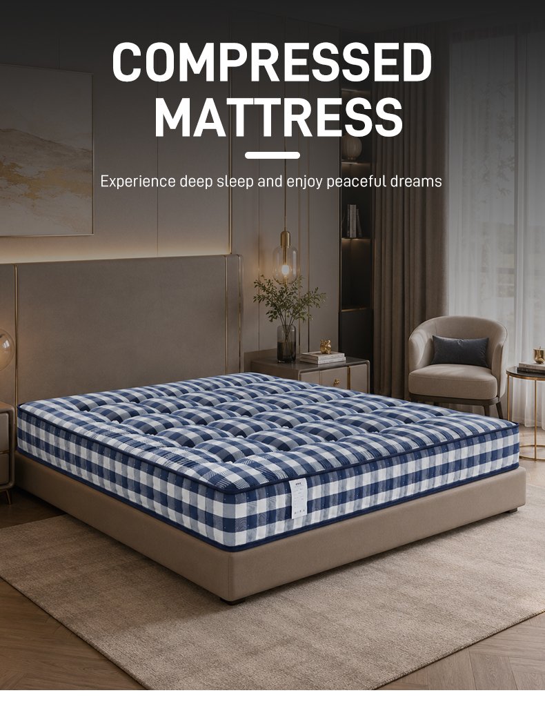 G011 Vacuum Compressed 25cm Pocket Spring Mattress Cotton Cover Gingham Pattern Tufted for Home Hotel Apartment
