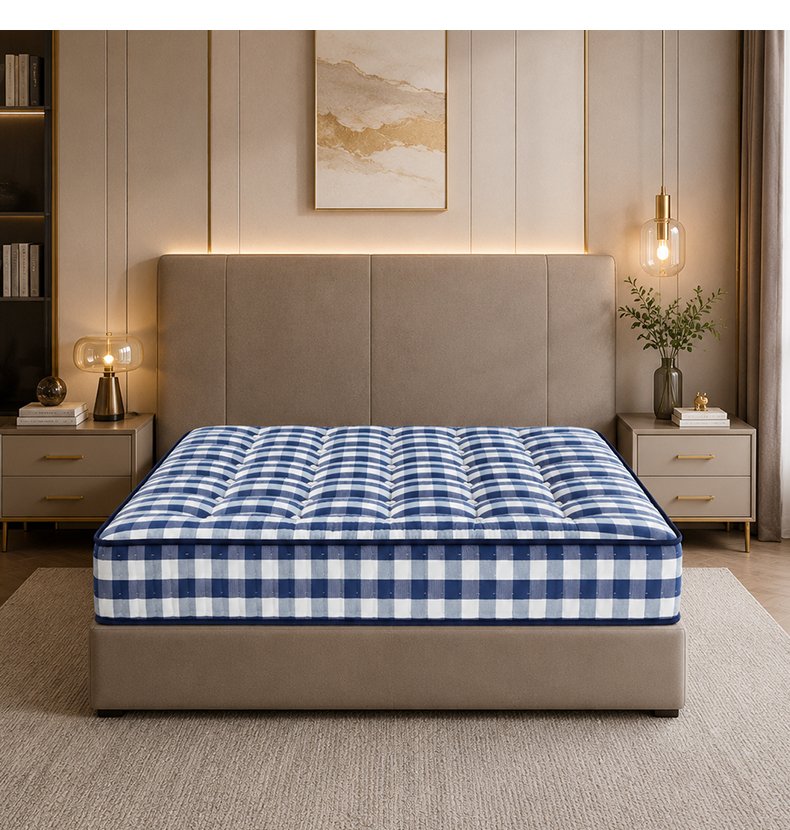 G011 Vacuum Compressed 25cm Pocket Spring Mattress Cotton Cover Gingham Pattern Tufted for Home Hotel Apartment