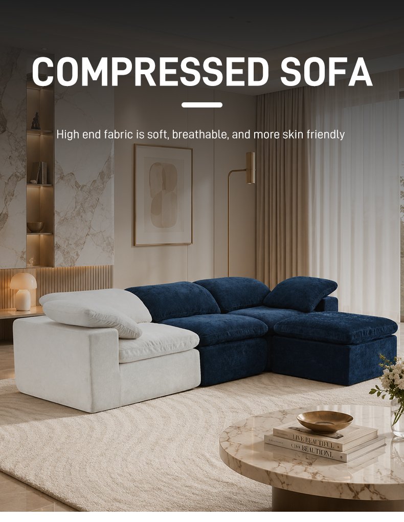 S231-3 Modern Overstuffed Comfortable L Shape Modular Sectional Boneless Foam Couch 3 Seater Compressed Cloud Sofa with Ottoman