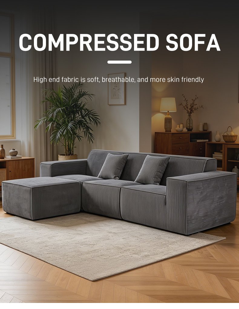 S220-3 OEM Factory Modern Corduroy Fabric Design Modular Sectional Boneless Couch Vacuum Compressed Sofa with Ottoman