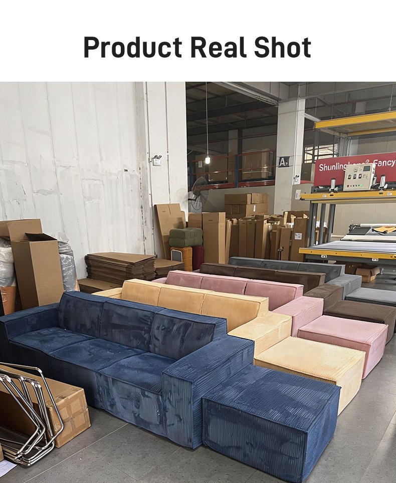 S220-3 OEM Factory Modern Corduroy Fabric Design Modular Sectional Boneless Couch Vacuum Compressed Sofa with Ottoman