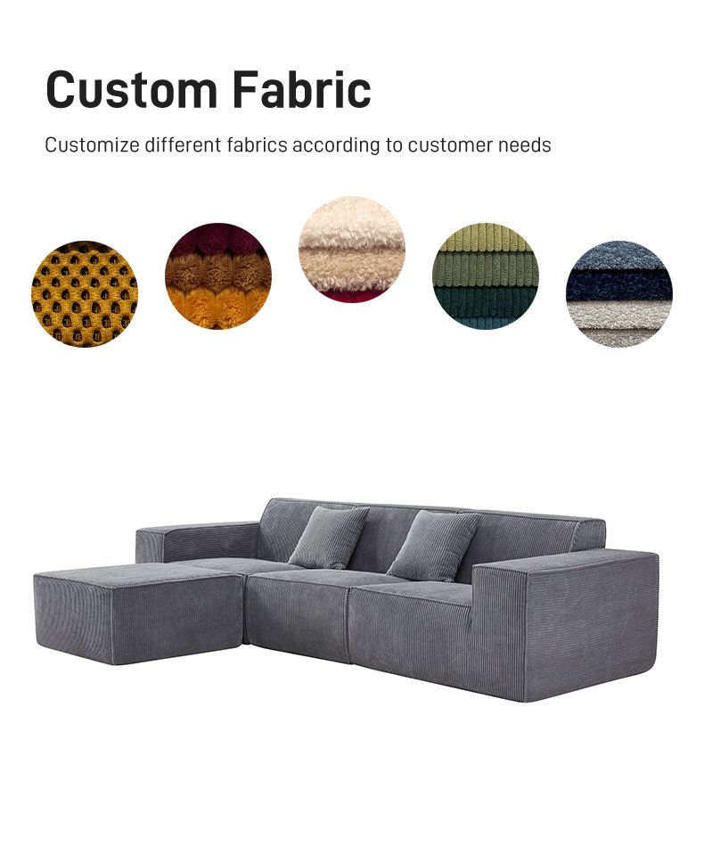 S220-3 OEM Factory Modern Corduroy Fabric Design Modular Sectional Boneless Couch Vacuum Compressed Sofa with Ottoman