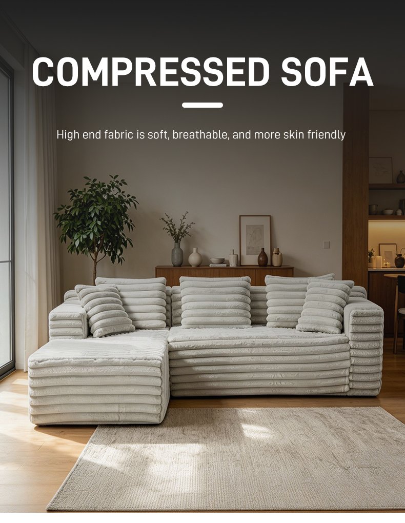 S221-L Wholesale Corduroy Fabric Pure Sponge Filling L-shaped Frameless Floor Sofa Set Vacuum Compressed Packed Sectional Sofa