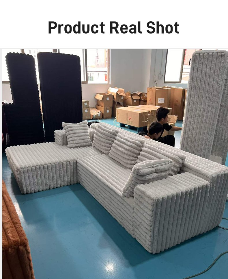S221-L Wholesale Corduroy Fabric Pure Sponge Filling L-shaped Frameless Floor Sofa Set Vacuum Compressed Packed Sectional Sofa