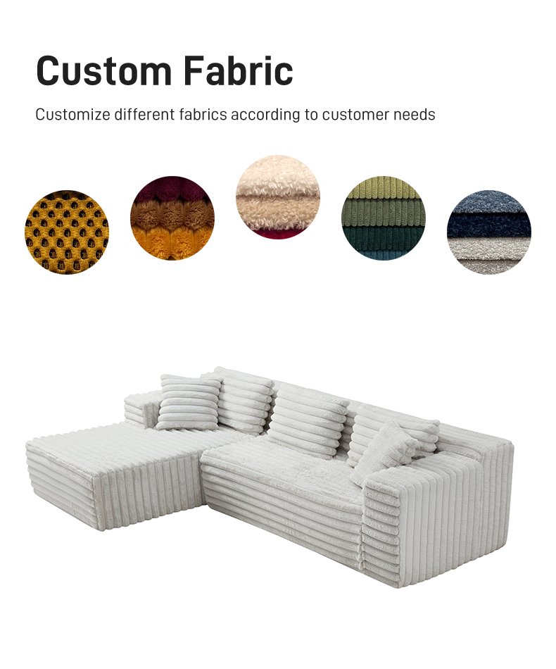 S221-L Wholesale Corduroy Fabric Pure Sponge Filling L-shaped Frameless Floor Sofa Set Vacuum Compressed Packed Sectional Sofa