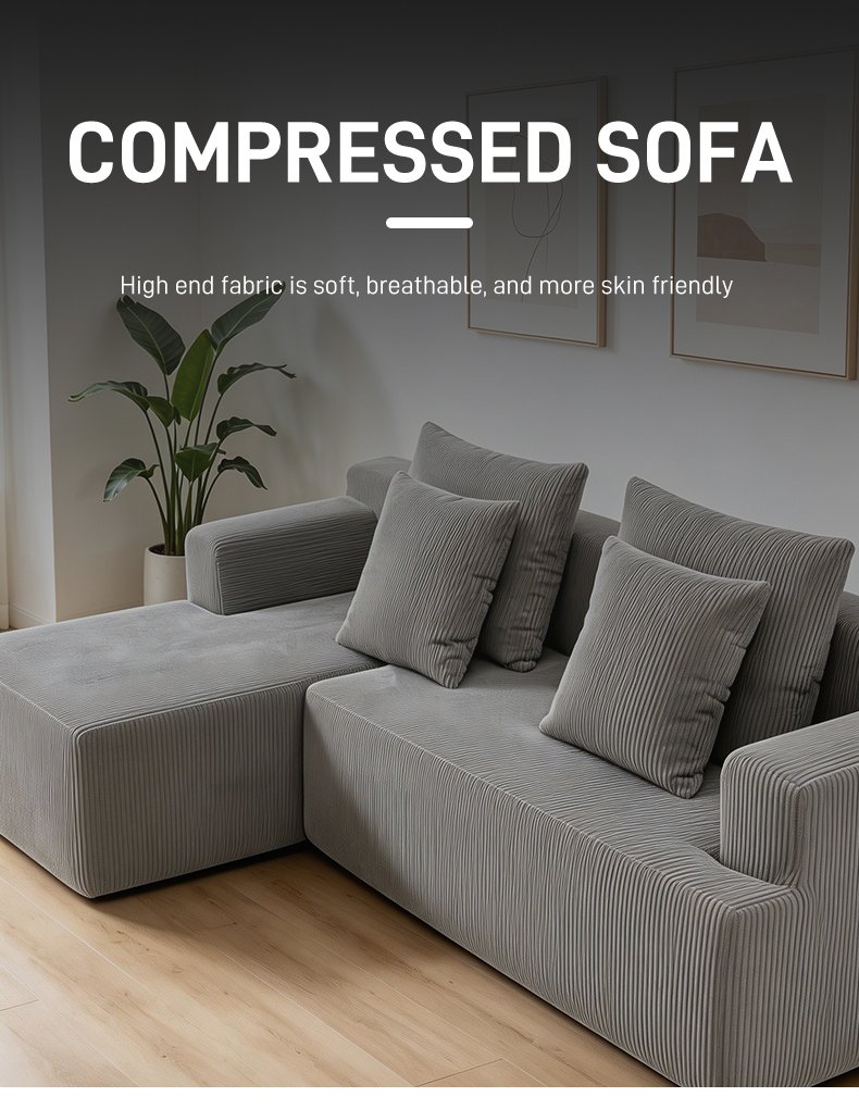 S240 OEM Factory Corduroy Fabric Foam Small Corner L Shape 3 Seater Vacuum Sofa Space Saving Compressed Sectional Sofa