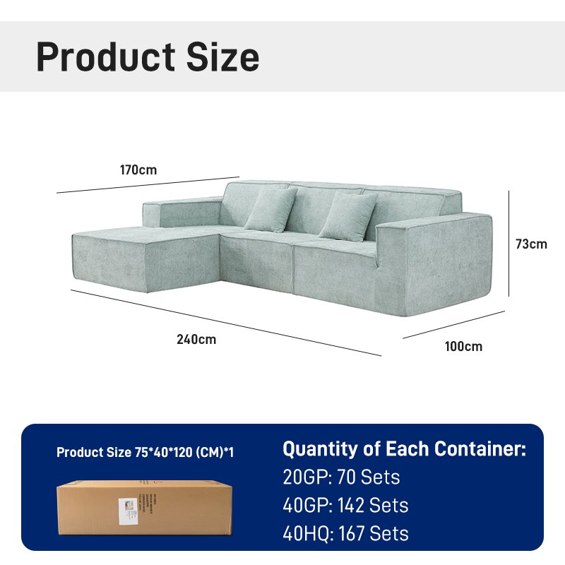 S206-L Modern Split Type Sofa, Cotton Linen Corduroy Fabric Sofa, Comfortable Living Room Seat, Vacuum Compression Soft Cushion Sofa