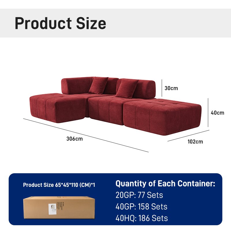 S210 Factory Wholesale Red Velvet L-shaped Sponge Filled Vacuum Packaging Compressed Sofa Segmented Modular Boneless Sofa Set
