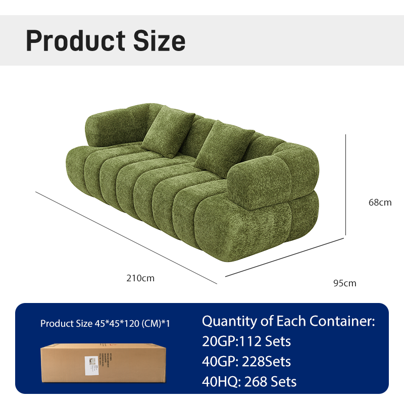 S275-3 Modern Italian Designer Modular Fabric Sofa Green Sectional Couch with Puffer Design Vacuum Compressed Space Saving Furniture