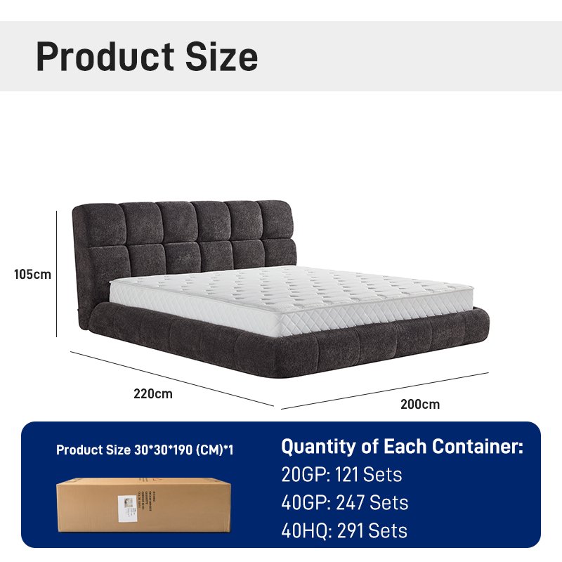 B307 Modern Minimalist Square Block Tufted Soft Bed High-end Fabric Upholstered Bed Frame Comfortable Master Bedroom Furniture