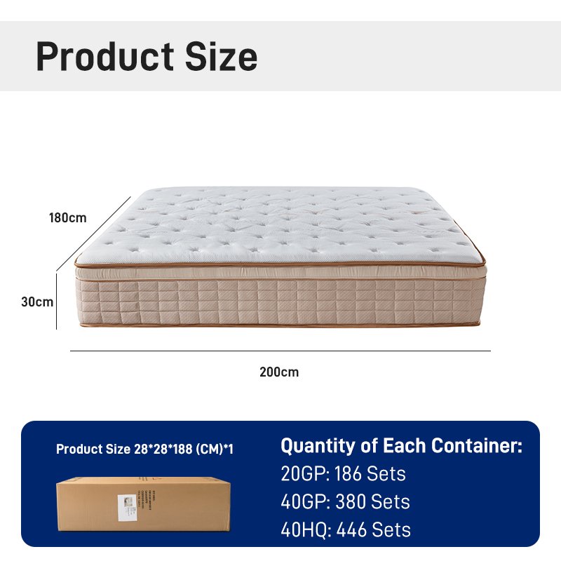 G004 Vacuum Compressed 30cm Pocket Spring Mattress Cotton Cover Plush Pillow Square Quilted for Home Hotel Apartment