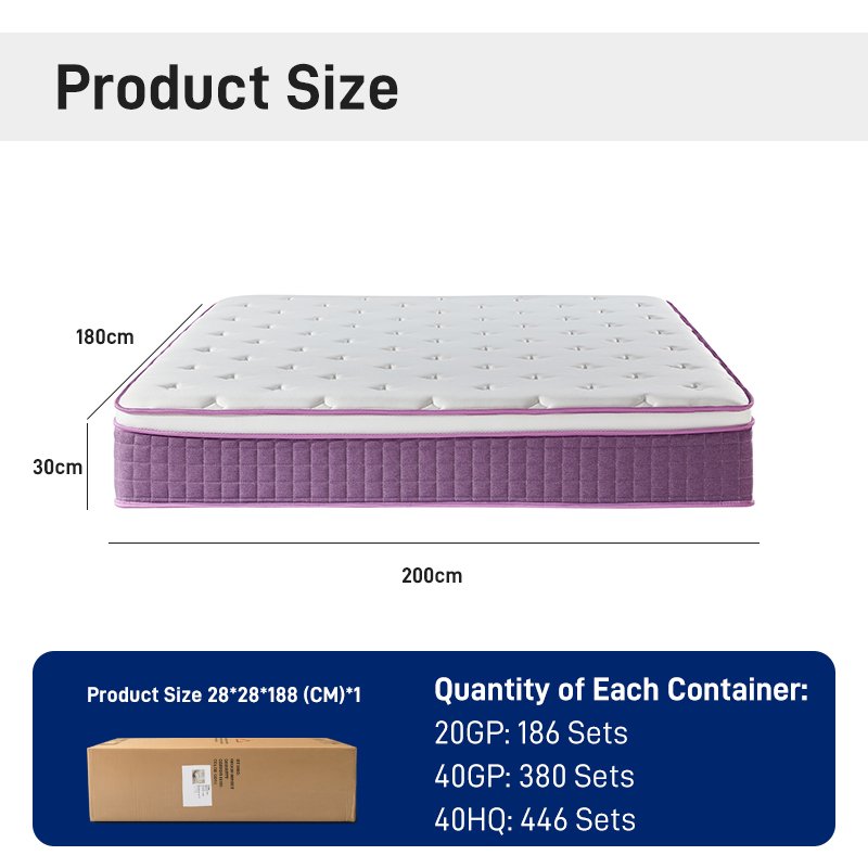G007 Vacuum Compressed 30cm Pocket Spring Mattress Cotton Cover Diamond Tufted with Purple Trim for Home Hotel Apartment