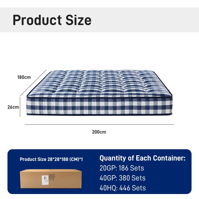 G011 Vacuum Compressed 25cm Pocket Spring Mattress Cotton Cover Gingham Pattern Tufted for Home Hotel Apartment