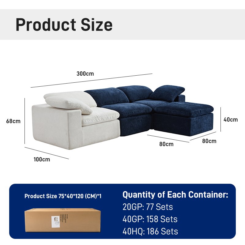 S231-3 Modern Overstuffed Comfortable L Shape Modular Sectional Boneless Foam Couch 3 Seater Compressed Cloud Sofa with Ottoman
