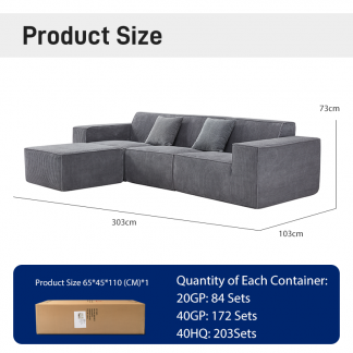 S220-3 OEM Factory Modern Corduroy Fabric Design Modular Sectional Boneless Couch Vacuum Compressed Sofa with Ottoman