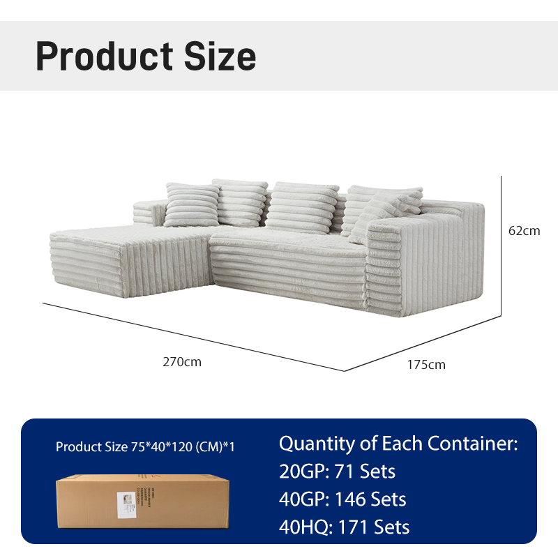 S221-L Wholesale Corduroy Fabric Pure Sponge Filling L-shaped Frameless Floor Sofa Set Vacuum Compressed Packed Sectional Sofa