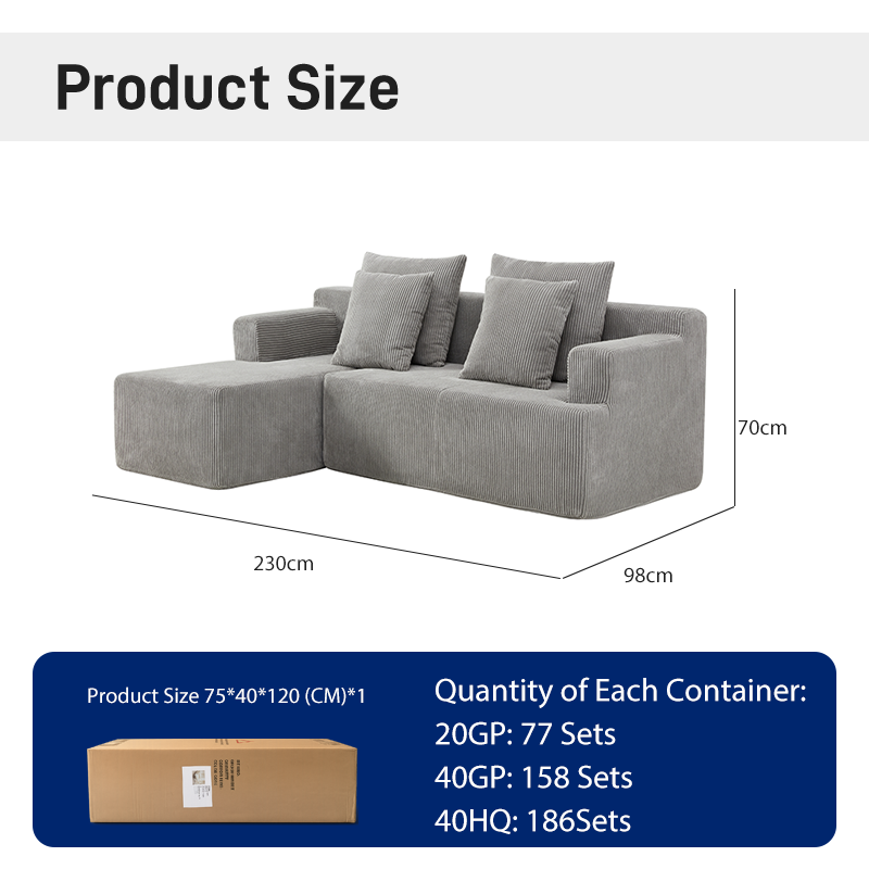 S240 OEM Factory Corduroy Fabric Foam Small Corner L Shape 3 Seater Vacuum Sofa Space Saving Compressed Sectional Sofa