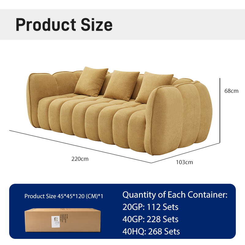 S255-3 Wholesale French Minimalist Style Cream Pumpkin Three Seater Couch Sofa Vacuum Packaging Compressed Foam Frameless Sofa